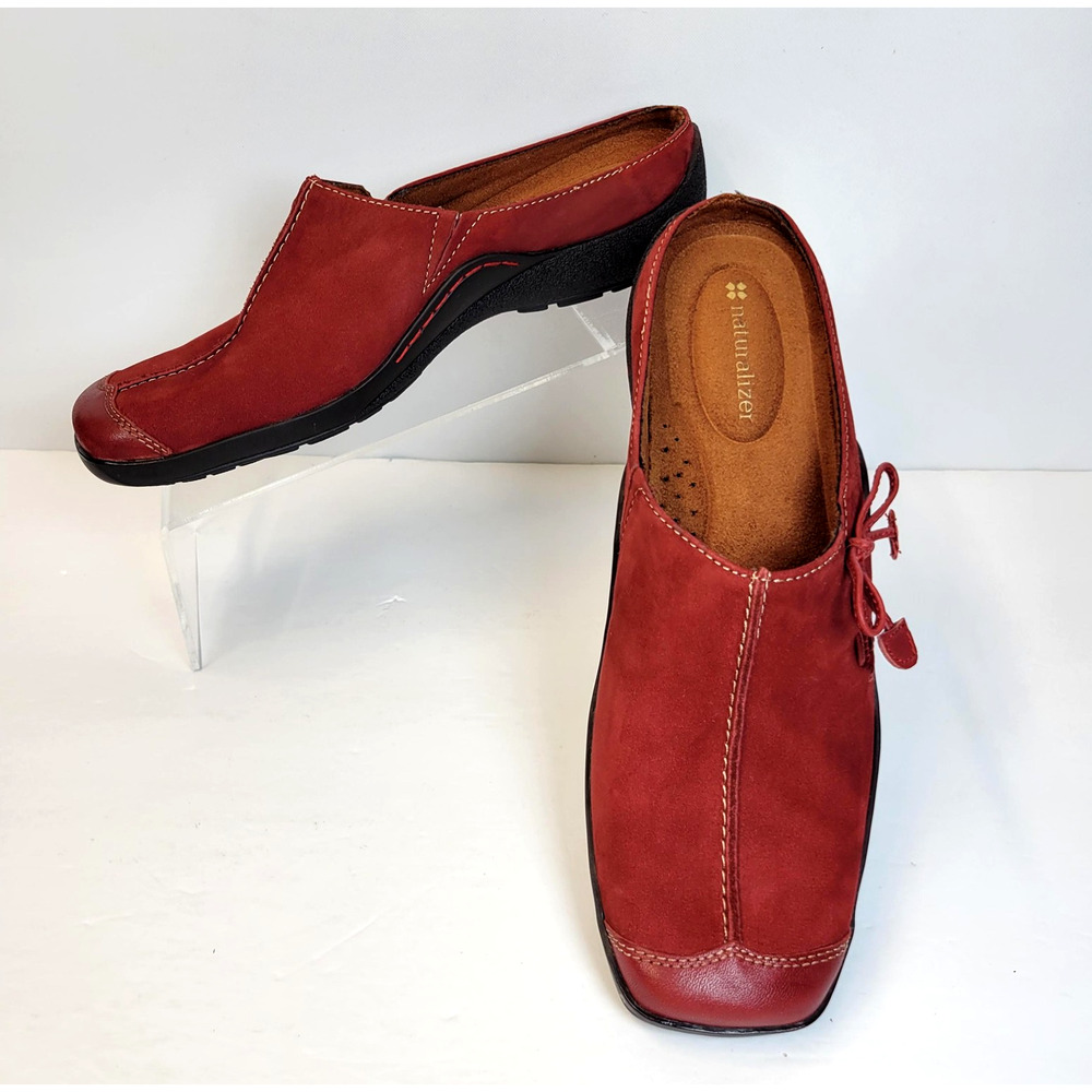 Naturalizer Mule Shoes Womens Size 7.5 N Red Suede Bow Slip On Comfort Casual